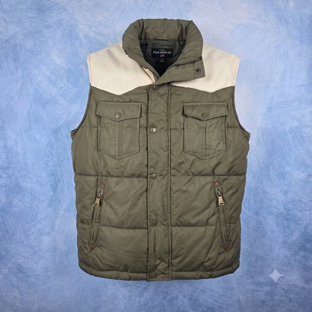 Parish Nation Mens Puffer Vest Olive Green Cream Western Yoke Medium New